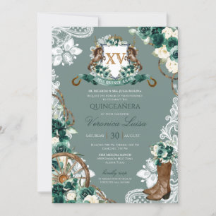 Emerald Green Floral Wappen Charro Quinceanera Inv Einladung