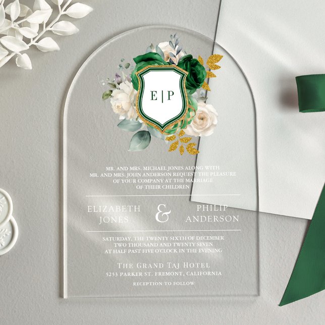 Emerald Green Floral Wappen Monogram Wedding Acryleinladungen (Von Creator hochgeladen)