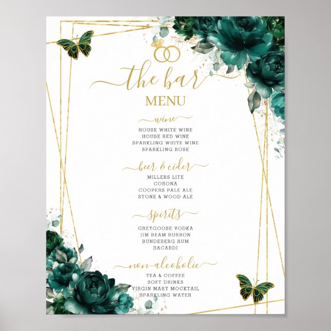 Emerald Green Floral Wedding Bar Cocktail Menu Poster (Vorne)