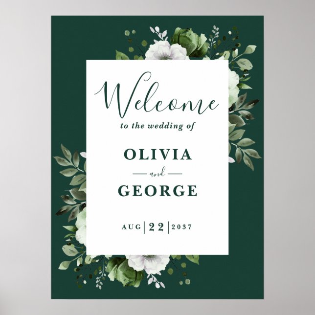 Emerald Green Floral Wedding Welcome Sign Poster (Vorne)