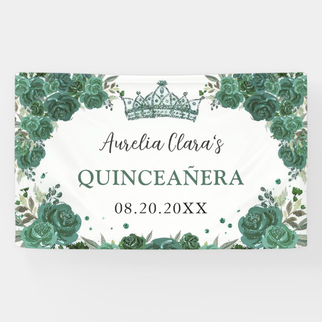 Emerald Green Floral Willkommen Quinceañera Hinter Banner (Horizontal)