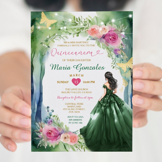 Emerald Green Forest Dress Pink Floral Quinceañera Einladung (Von Creator hochgeladen)