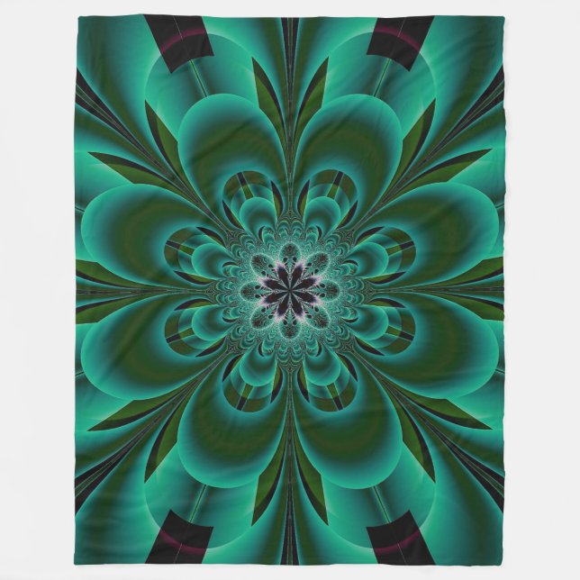 Emerald Green Fraktal Blume Fleecedecke (Vorderseite)