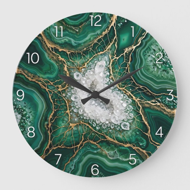  Emerald Green Geode Epoxy Wall Clock Große Wanduhr (Vorderseite)