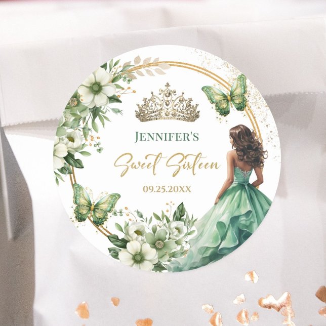 Emerald Green Girl Princess Tiara Floral Sweet 16 Runder Aufkleber (Von Creator hochgeladen)