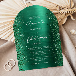 Emerald Green Glam Brushed Metal Arch Wedding Einladung