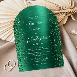 Emerald Green Glam Brushed Metal Arch Wedding Einladung