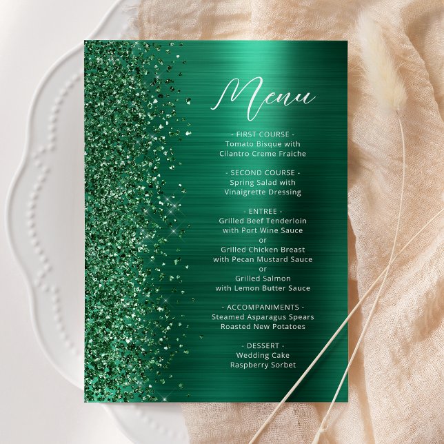 Emerald Green Glam Glitzer Script Wedding Menükarte (Von Creator hochgeladen)
