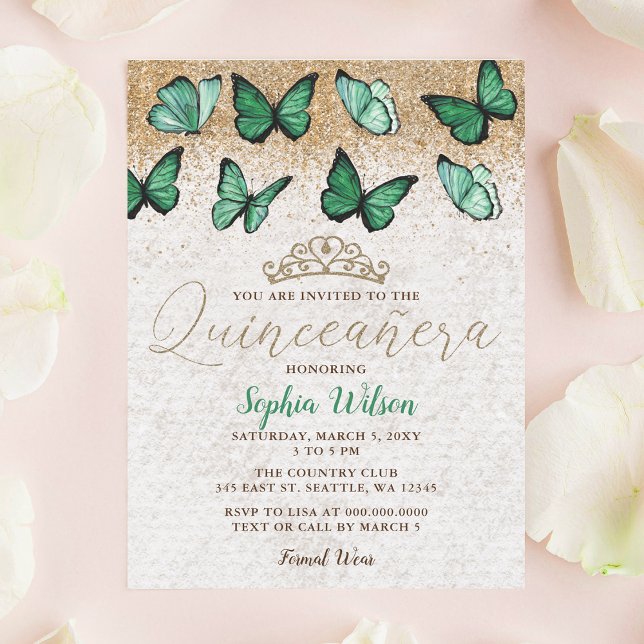 Emerald Green Glitzer Butterfly Quinceñera Einladung (Emerald Green Gold Glitter Butterfly Quinceañera Invitation)