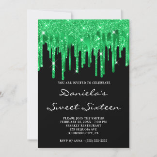 Emerald Green Glitzer Foil Tropfens Black Sweet 16 Einladung