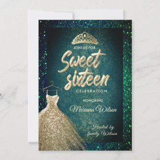Emerald Green Glitzer Gold Kleid Tiara Sweet 16 Einladung