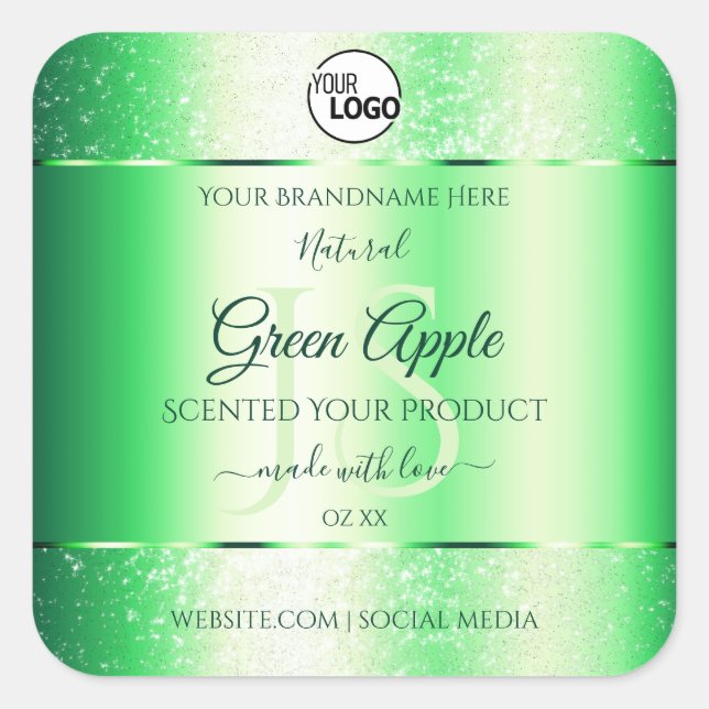Emerald Green Glitzer Product Labels Monogram Logo Quadratischer Aufkleber (Vorderseite)