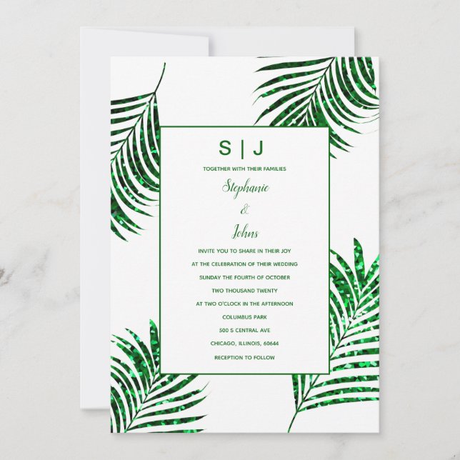 Emerald Green Glitzer Tropical Palm Leaf Wedding Einladung (Vorderseite)