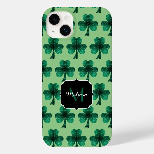 Emerald Green Glitzern Kleeblatt Custom Monogram Case-Mate iPhone Hülle (Rückseite)