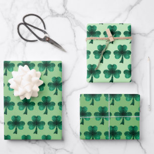 Emerald Green Glitzern Kleeblatt Geschenkpapier Set