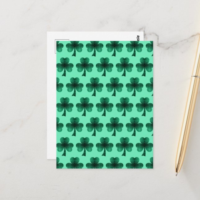 Emerald Green Glitzern Kleeblatt-Muster türkis Postkarte (Vorderseite/Rückseite Beispiel)