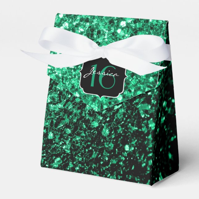 Emerald Green Glitzern Sweet 16 Gefälligkeitsbox Geschenkschachtel (Vorderseite)