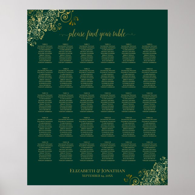 Emerald Green Gold 30 Table Wedding Seating Chart Poster (Vorne)