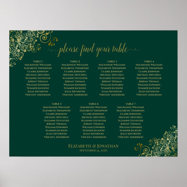 Emerald Green & Gold 7 Table Wedding Chart Poster (Vorne)