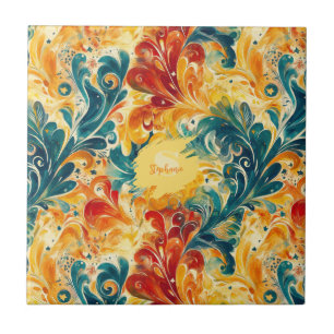 Emerald Green & Gold Abstrakt Paisley Blätter (3) Fliese