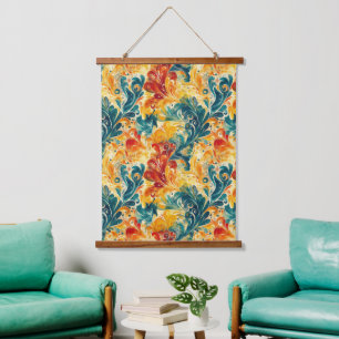 Emerald Green & Gold Abstrakt Paisley Blätter Wandteppich Mit Holzrahmen