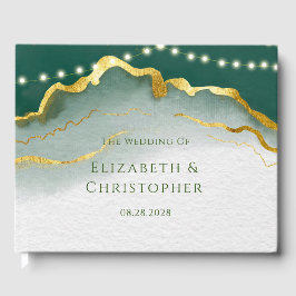 Emerald Green Gold Agate and Lights Wedding Gästebuch