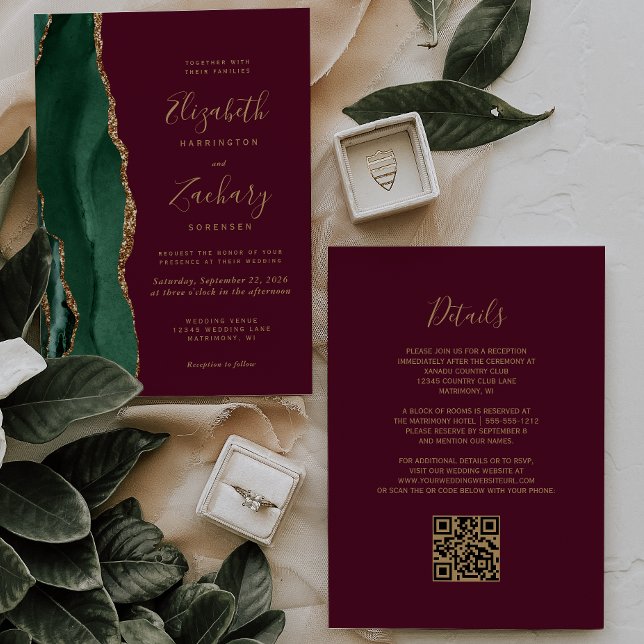 Emerald Green Gold Agate Burgundy QR Code Wedding Einladung (Von Creator hochgeladen)