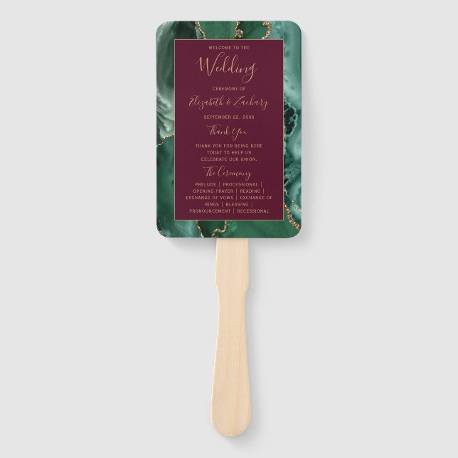 Emerald Green Gold Agate Burgundy Wedding Program Fächer (Vorderseite)