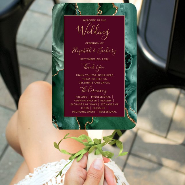 Emerald Green Gold Agate Burgundy Wedding Program Fächer (Von Creator hochgeladen)