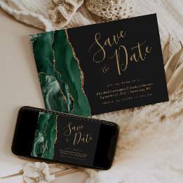 Emerald Green Gold Agate Dark Save the Date Card Einladung