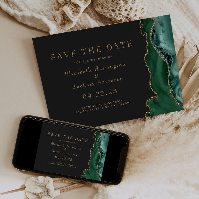 Emerald Green Gold Agate Dark Save the Date Card Einladung (Von Creator hochgeladen)