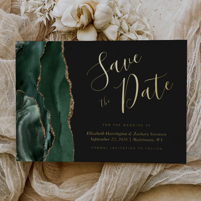 Emerald Green Gold Agate Dark Save the Date Folieneinladung (Von Creator hochgeladen)