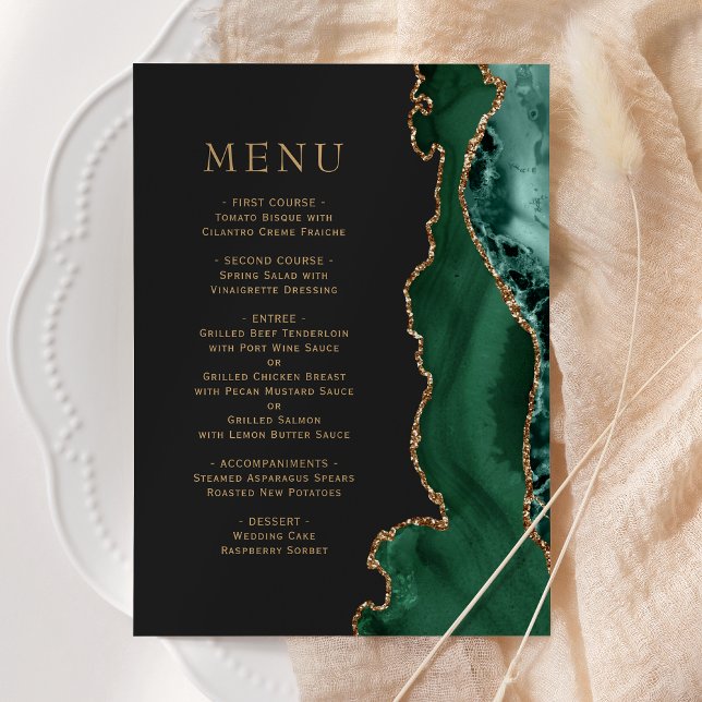 Emerald Green Gold Agate Dark Wedding Menu Menükarte (Von Creator hochgeladen)