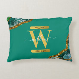 Emerald Green & Gold Agate Geode Glitzer Monogram Dekokissen