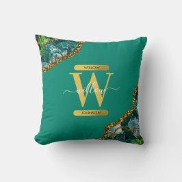 Emerald Green & Gold Agate Geode Glitzer Monogram Kissen