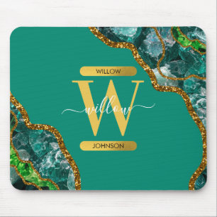 Emerald Green & Gold Agate Geode Glitzer Monogram Mousepad