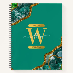 Emerald Green & Gold Agate Geode Glitzer Monogram Notizbuch