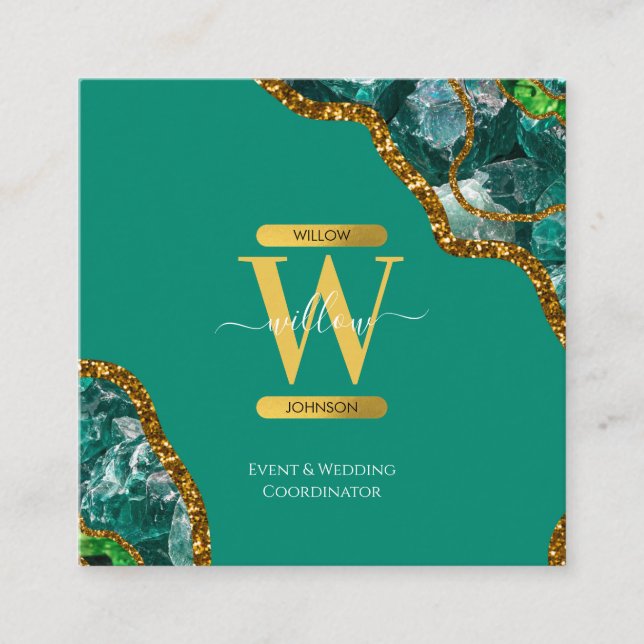 Emerald Green & Gold Agate Geode Glitzer Monogram Quadratische Visitenkarte (Vorderseite)