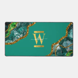 Emerald Green & Gold Agate Geode Glitzer Monogram Schreibtischunterlage