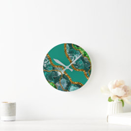 Emerald Green & Gold Agate Geode Glitzer Runde Wanduhr