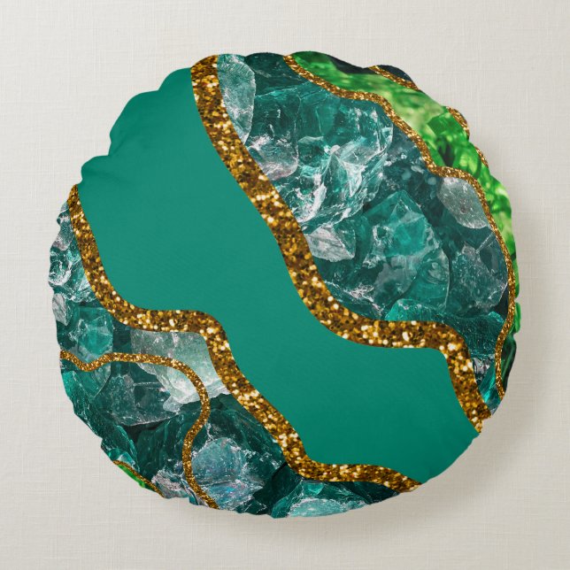 Emerald Green & Gold Agate Geode Glitzer Rundes Kissen (Vorderseite)