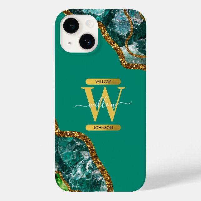 Emerald Green & Gold Agate Geode Monogram Case-Mate iPhone Hülle (Rückseite)