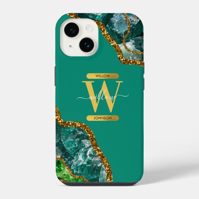 Emerald Green & Gold Agate Geode Monogram iPhone Hülle (Rückseite)