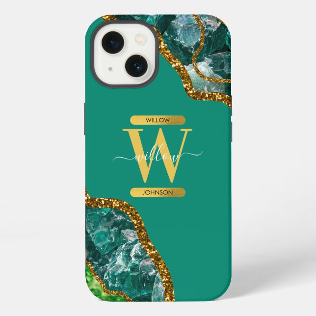 Emerald Green & Gold Agate Geode Monogram iPhone Hülle (Rückseite)