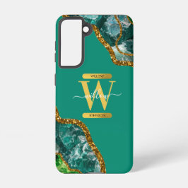 Emerald Green & Gold Agate Geode Monogram Samsung Galaxy Hülle