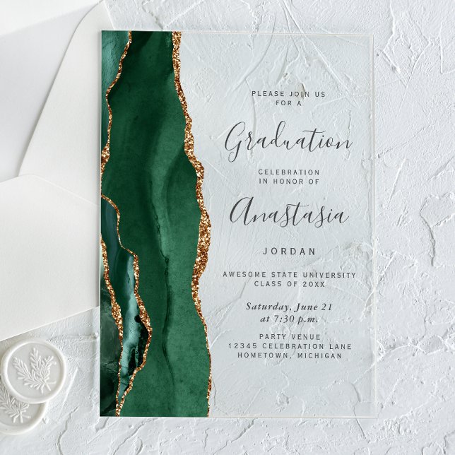 Emerald Green Gold Agate Gray Text Graduation Acryleinladungen (Von Creator hochgeladen)