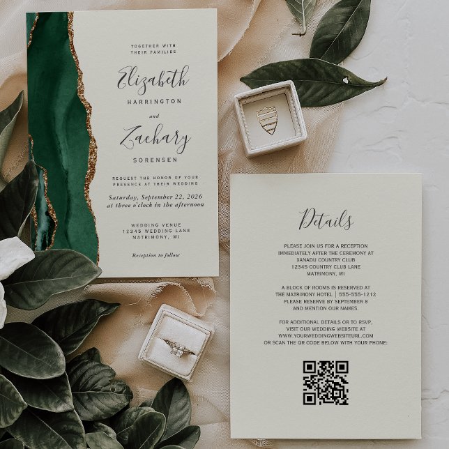 Emerald Green Gold Agate Ivory QR Code Wedding Einladung (Von Creator hochgeladen)