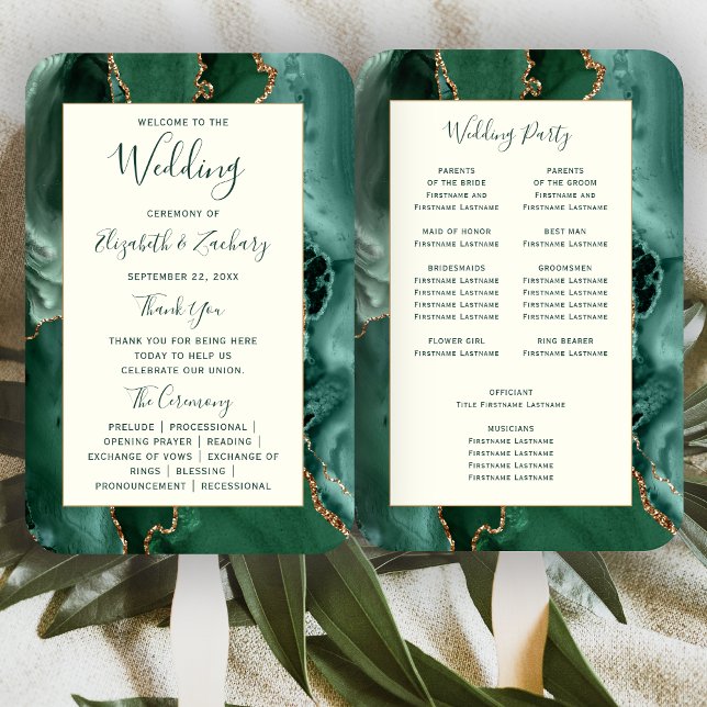 Emerald Green Gold Agate Ivory Wedding Program Fächer (Von Creator hochgeladen)