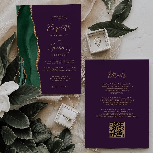 Emerald Green Gold Agate Lila QR Code Wedding Einladung (Von Creator hochgeladen)