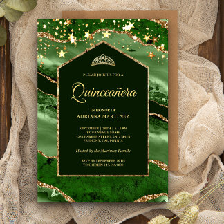 Emerald Green Gold Agate Marble Arch Quinceanera Einladung